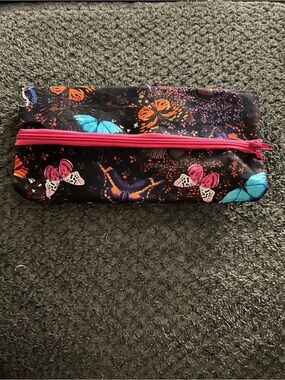 Hand Crafted Black Butterfly Pencil Case with Pink and Blue Accents